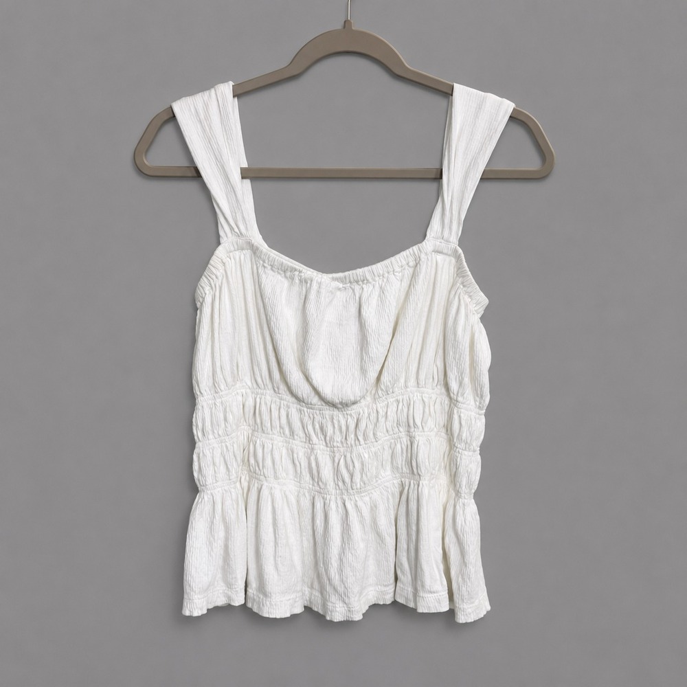LOFT Womens Tank Top Large White Textured Smocked Peplum Cottagecore Feminine